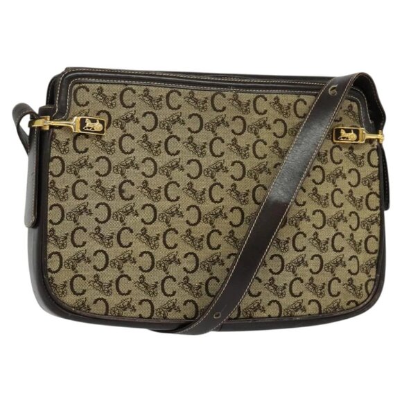 CELINE C Sulky Shoulder Bag Canvas Beige Gold Auth 117907 - Picture 1 of 14